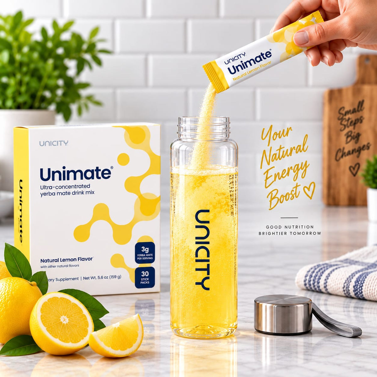 Unicity Unimate Natural Lemon Flavor – 30 Stick Packs | Ultra-Concentrated Yerba Mate Drink Mix | Dietary Supplement