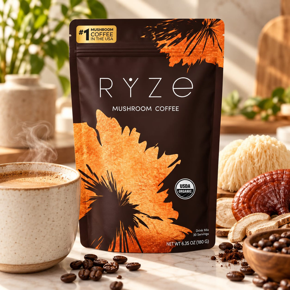 RYZE Mushroom Coffee – Pack of 1 | USDA Organic Mushroom Coffee Drink Mix | 30 Servings | 6.35 oz (180g)