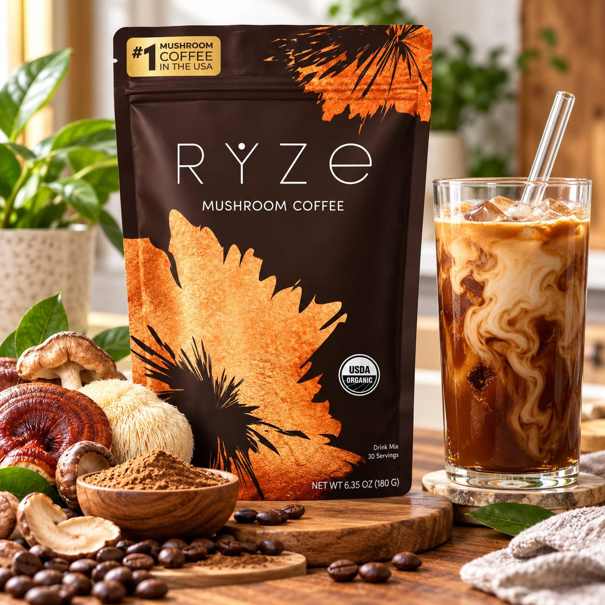 RYZE Mushroom Coffee – Pack of 1 | USDA Organic Mushroom Coffee Drink Mix | 30 Servings | 6.35 oz (180g)