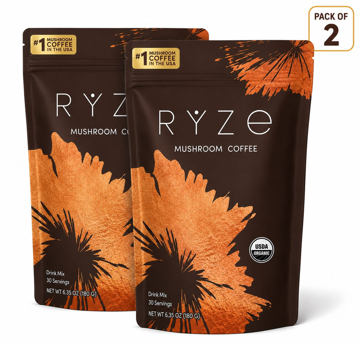 RYZE Mushroom Coffee – Pack of 2 | USDA Organic Mushroom Coffee Drink Mix | 60 Total Servings | 2 x 6.35 oz (180g)