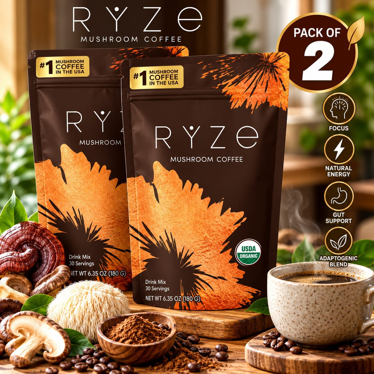 RYZE Mushroom Coffee – Pack of 2 | USDA Organic Mushroom Coffee Drink Mix | 60 Total Servings | 2 x 6.35 oz (180g)
