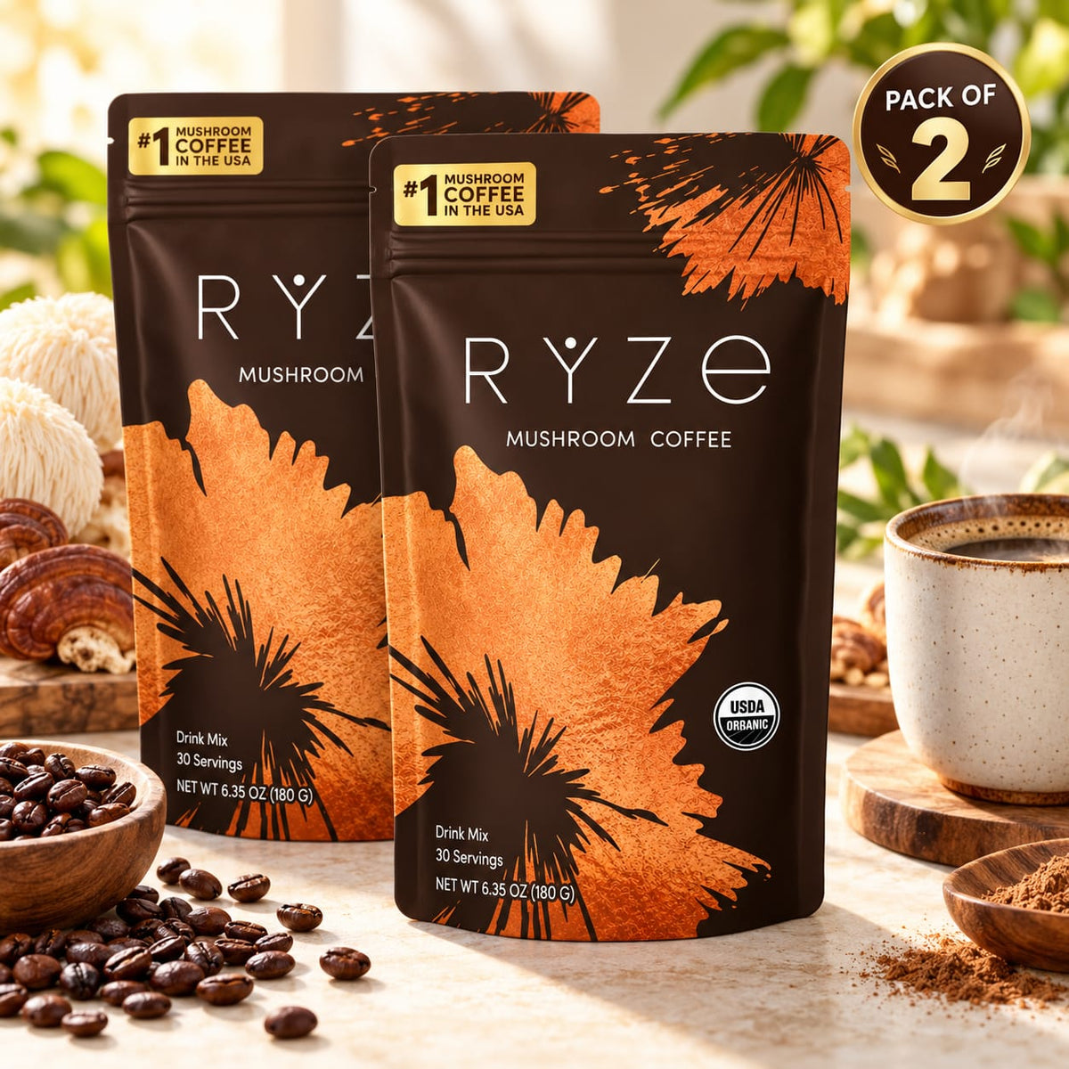 RYZE Mushroom Coffee – Pack of 2 | USDA Organic Mushroom Coffee Drink Mix | 60 Total Servings | 2 x 6.35 oz (180g)