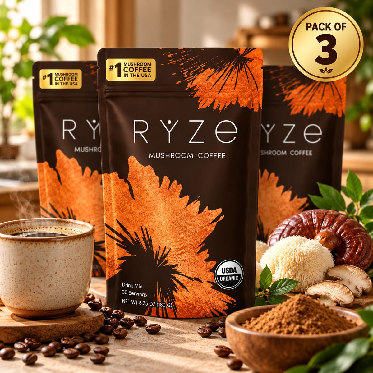 RYZE Mushroom Coffee – Pack of 3 | USDA Organic Mushroom Coffee Drink Mix | 90 Total Servings | 3 x 6.35 oz (180g)