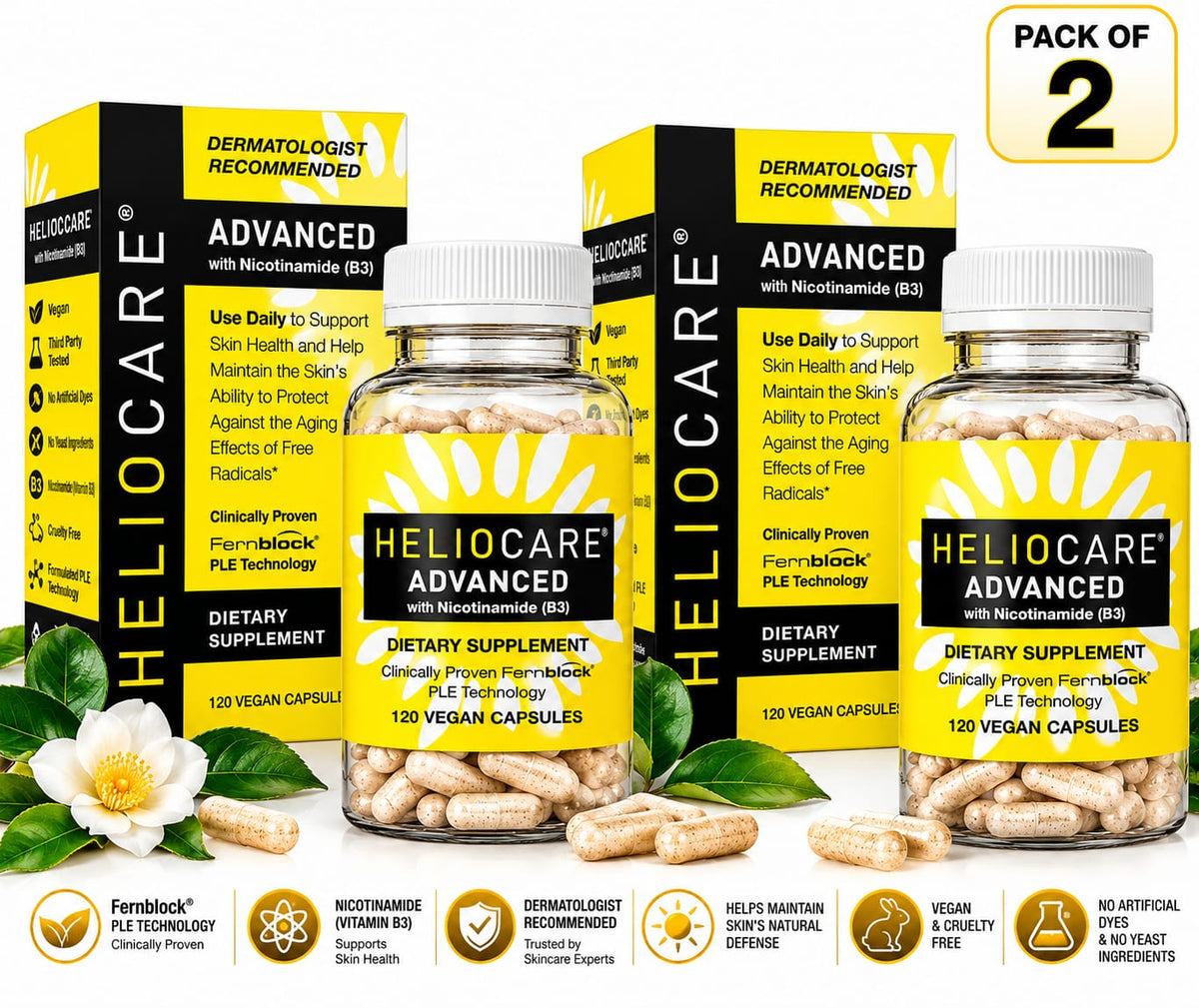 Heliocare Advanced with Nicotinamide (Vitamin B3) – Pack of 2 | 240 Vegan Capsules | Fernblock PLE Technology | Skin Health Supplement