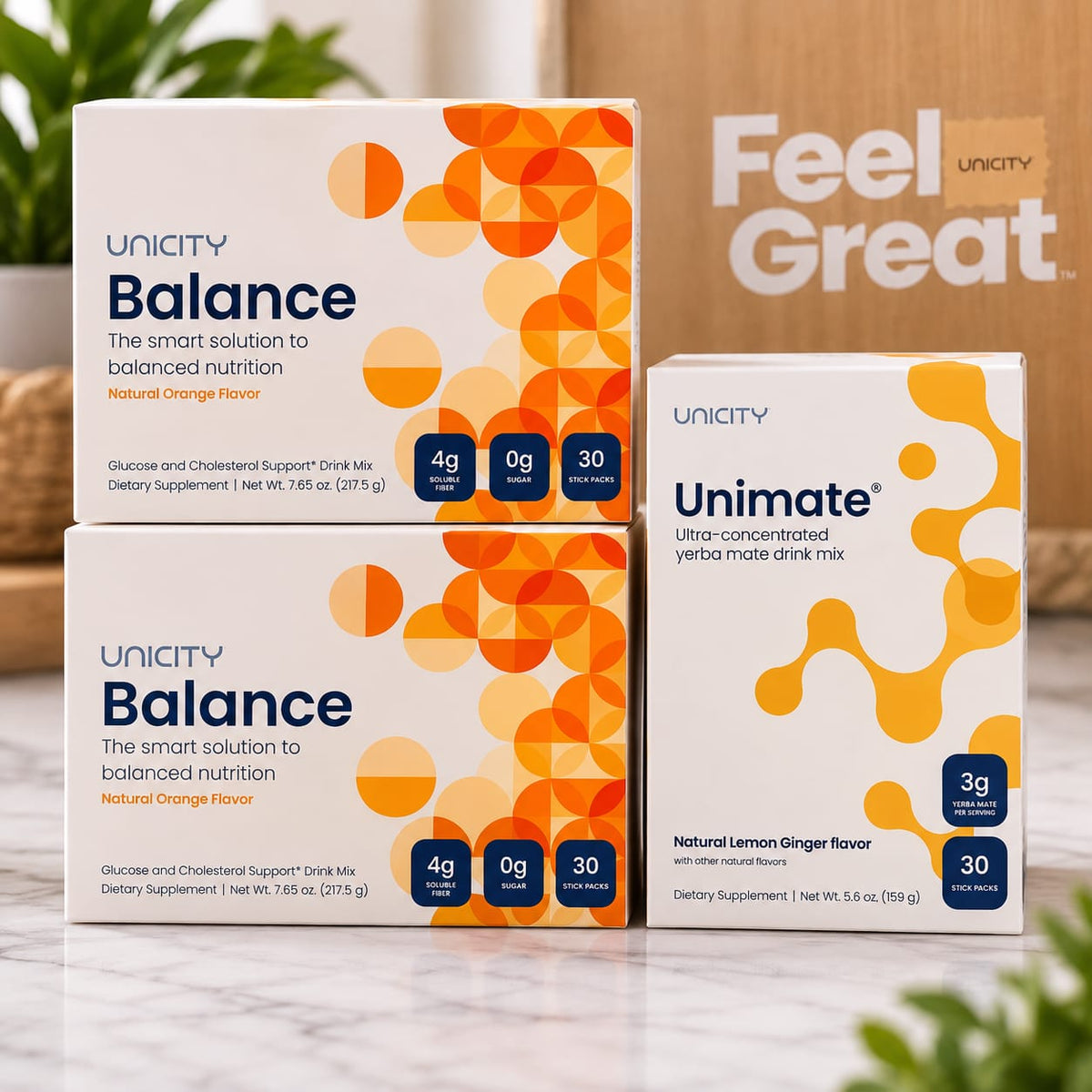 Unicity Combo Pack – 2 Balance Natural Orange + 1 Unimate Lemon Ginger | 90 Stick Packs | Dietary Supplements