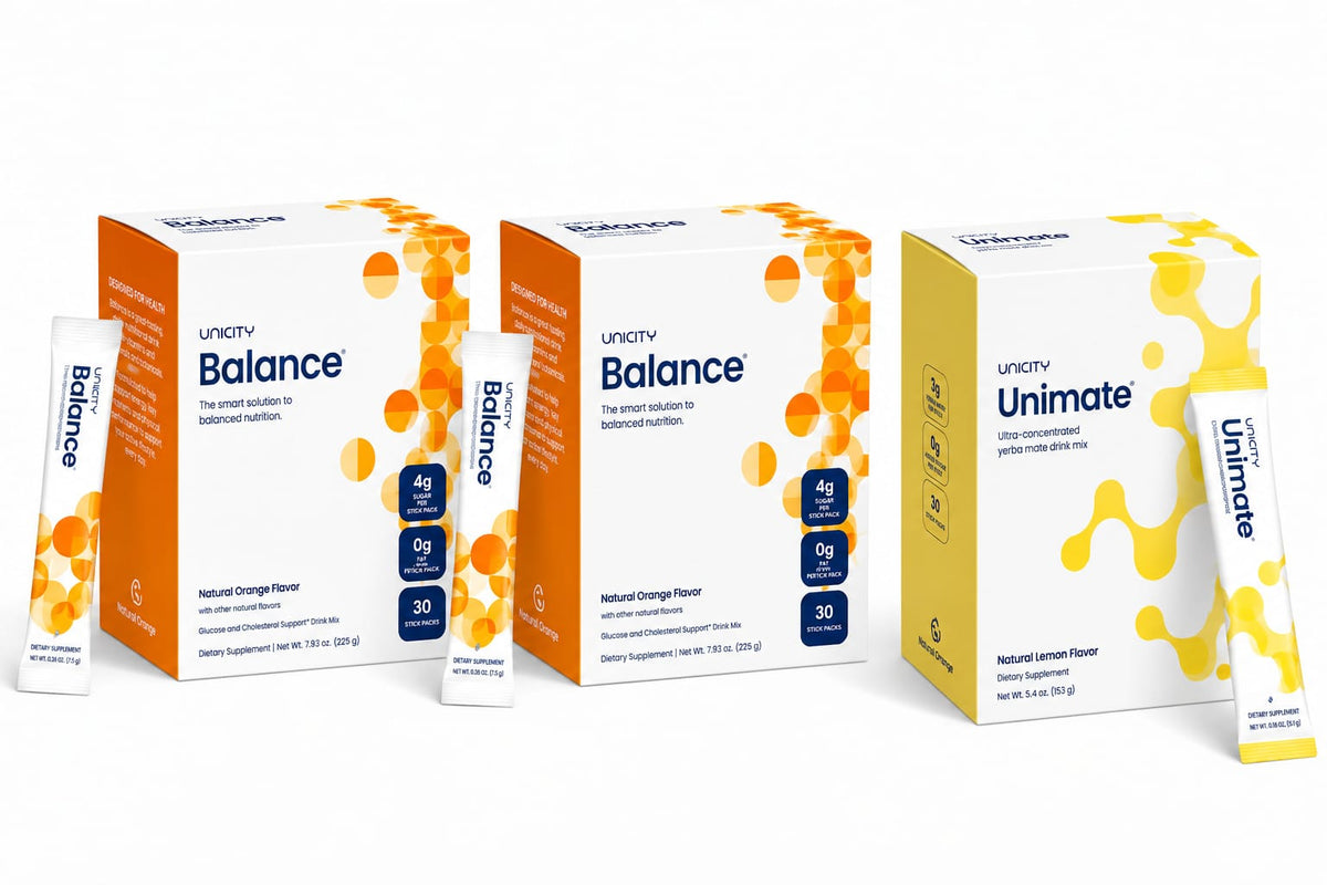Unicity Combo Pack – 2 Balance Natural Orange + 1 Unimate Lemon Ginger | 90 Stick Packs | Dietary Supplements