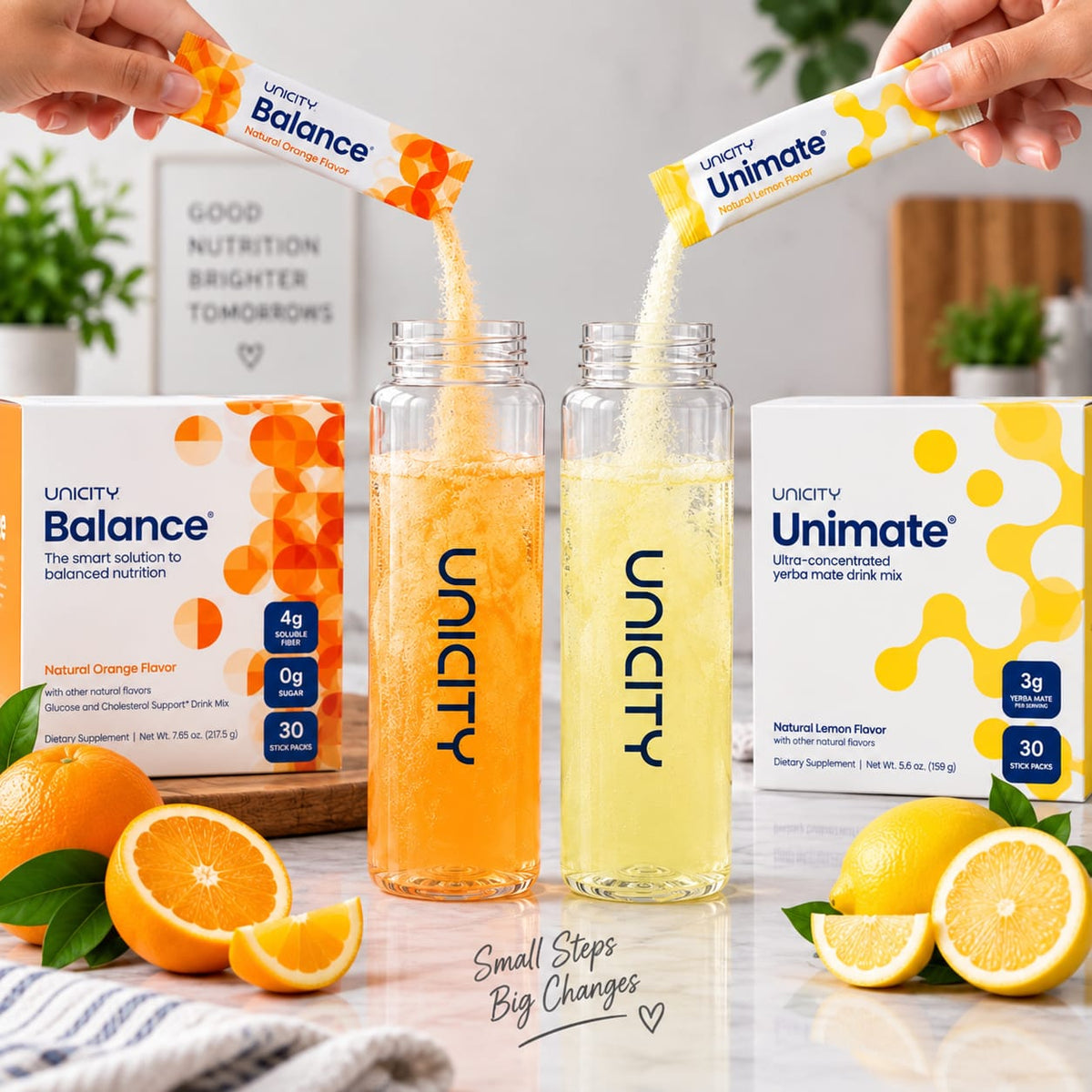 Unicity Balance Natural Orange + Unimate Lemon Ginger Combo Pack | 2 Boxes | 60 Stick Packs | Dietary Supplements