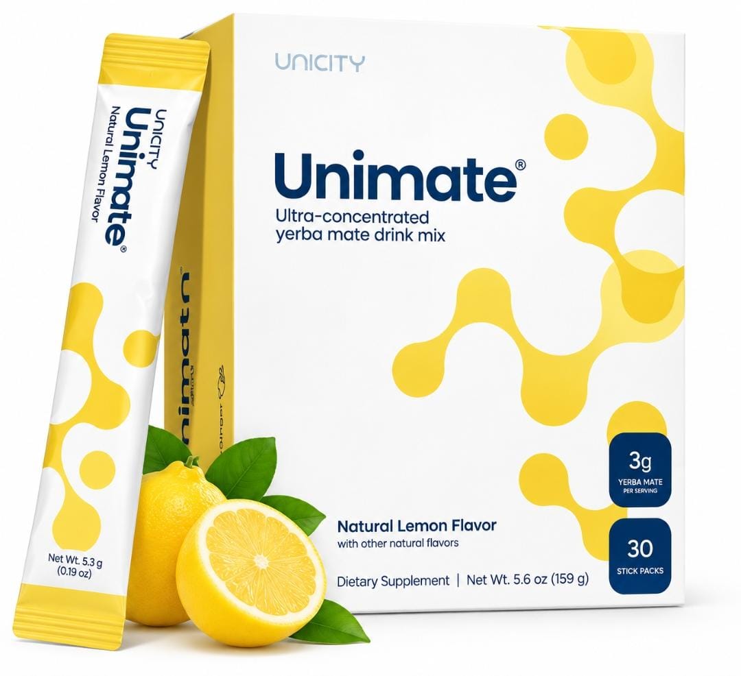 Unicity Unimate Natural Lemon Flavor – 30 Stick Packs | Ultra-Concentrated Yerba Mate Drink Mix | Dietary Supplement