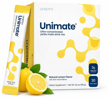 Unicity Unimate Natural Lemon Flavor – 30 Stick Packs | Ultra-Concentrated Yerba Mate Drink Mix | Dietary Supplement