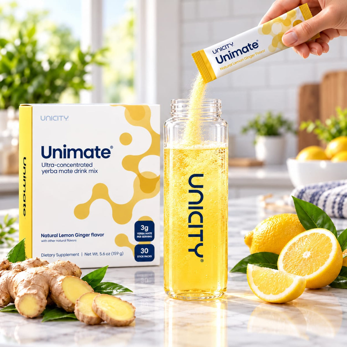 Unicity Unimate Natural Lemon Ginger Flavor – 30 Stick Packs | Ultra-Concentrated Yerba Mate Drink Mix | Dietary Supplement