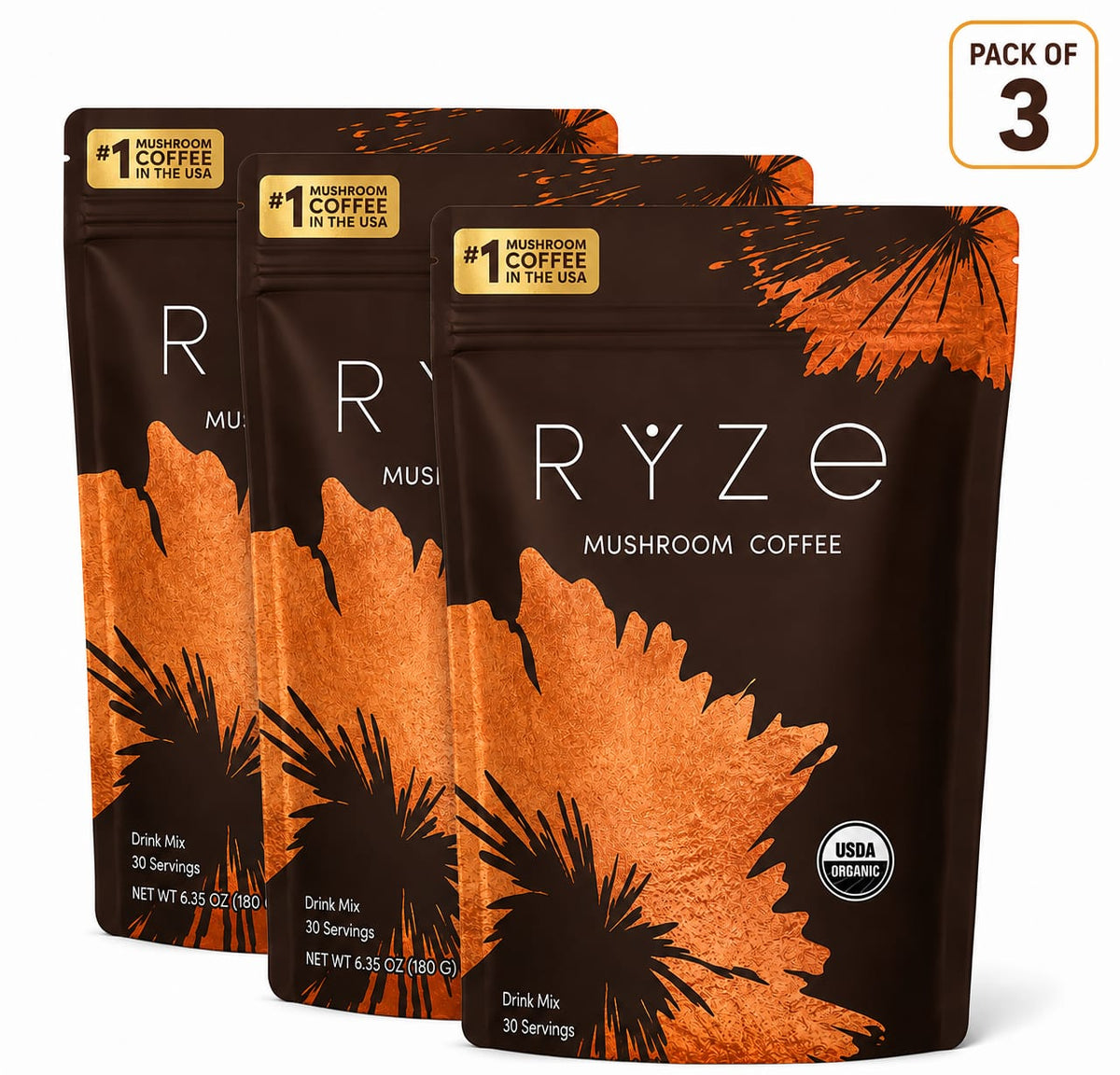 RYZE Mushroom Coffee – Pack of 3 | USDA Organic Mushroom Coffee Drink Mix | 90 Total Servings | 3 x 6.35 oz (180g)