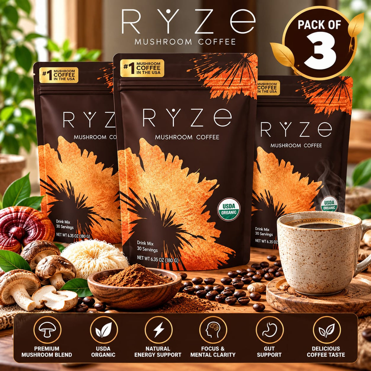 RYZE Mushroom Coffee – Pack of 3 | USDA Organic Mushroom Coffee Drink Mix | 90 Total Servings | 3 x 6.35 oz (180g)