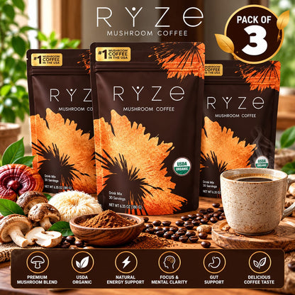 RYZE Mushroom Coffee – Pack of 3 | USDA Organic Mushroom Coffee Drink Mix | 90 Total Servings | 3 x 6.35 oz (180g)