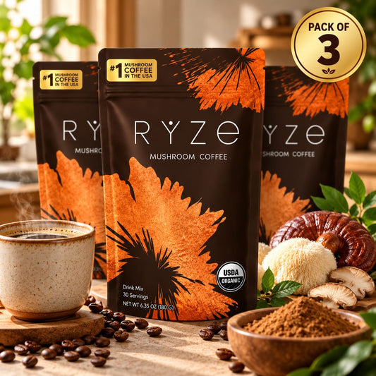 RYZE Mushroom Coffee – Pack of 3 | USDA Organic Mushroom Coffee Drink Mix | 90 Total Servings | 3 x 6.35 oz (180g)