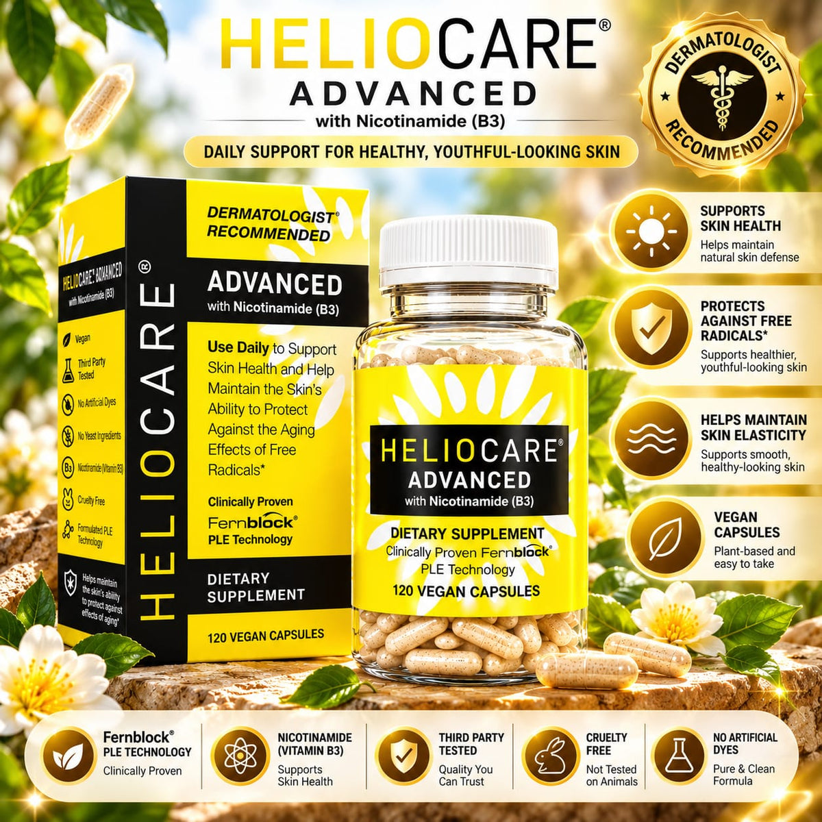 Heliocare Advanced with Nicotinamide (Vitamin B3) – 120 Vegan Capsules | Fernblock PLE Technology | Skin Health Dietary Supplement