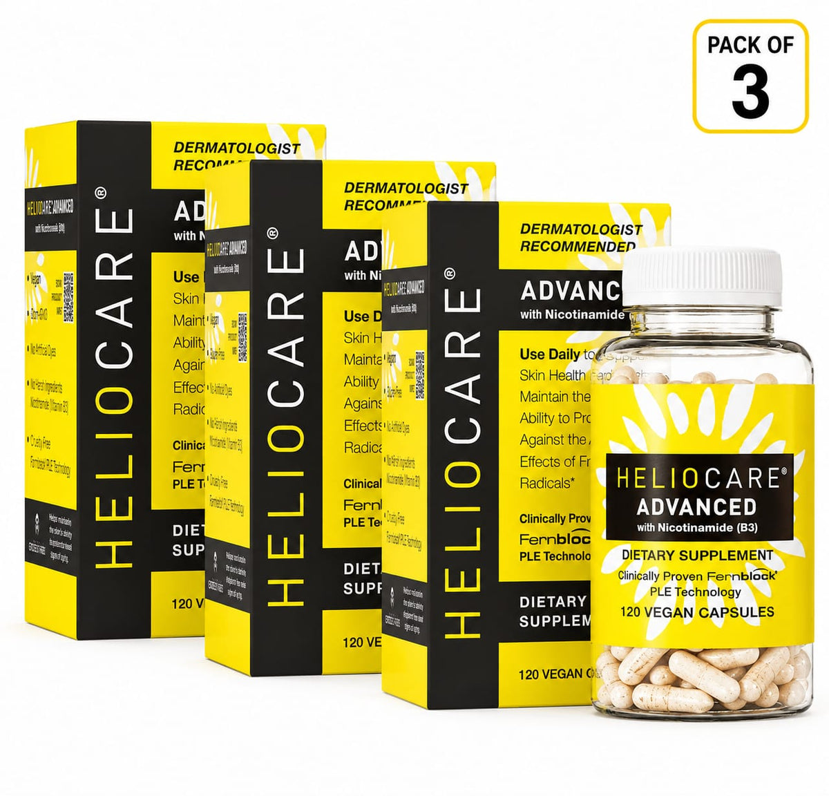 Heliocare Advanced with Nicotinamide (Vitamin B3) – Pack of 3 | 360 Vegan Capsules | Fernblock PLE Technology | Skin Health Supplement