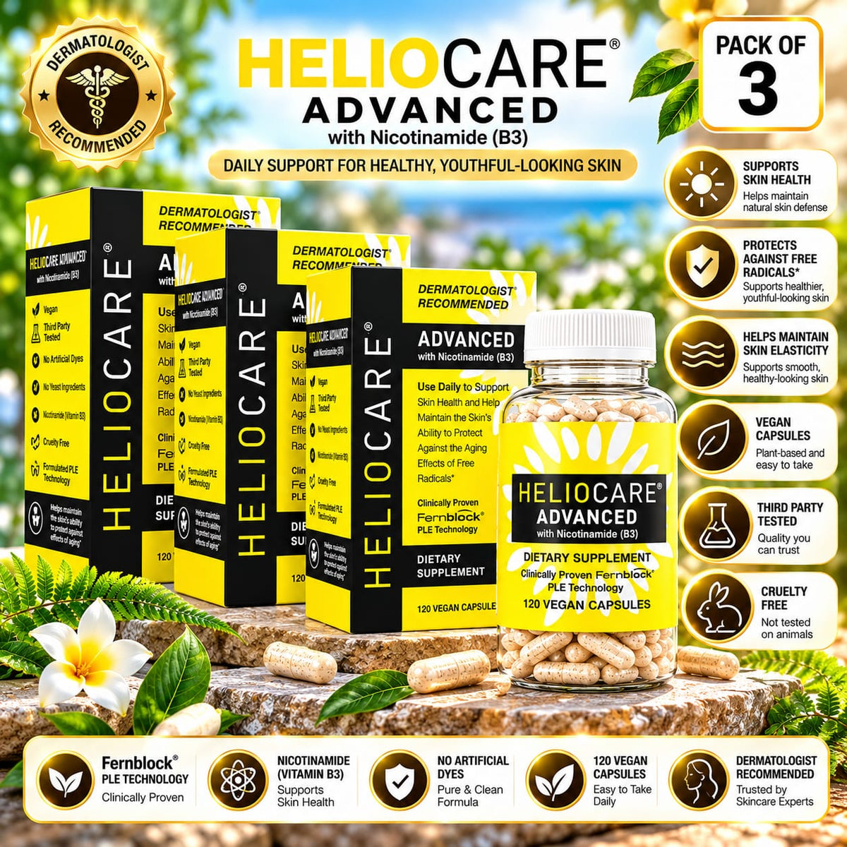 Heliocare Advanced with Nicotinamide (Vitamin B3) – Pack of 3 | 360 Vegan Capsules | Fernblock PLE Technology | Skin Health Supplement