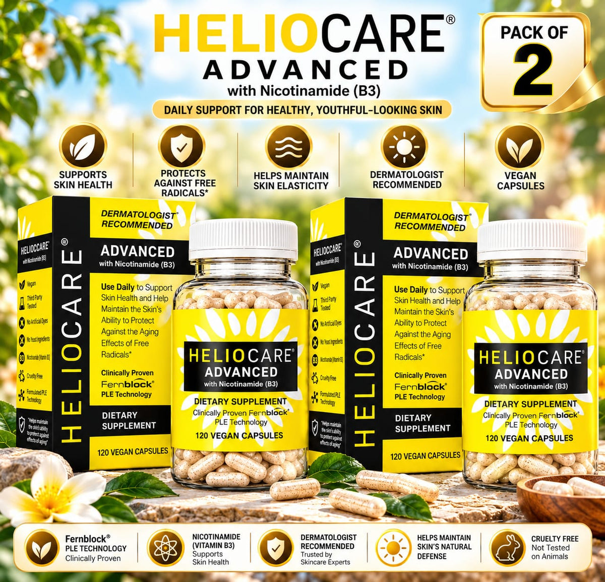 Heliocare Advanced with Nicotinamide (Vitamin B3) – Pack of 2 | 240 Vegan Capsules | Fernblock PLE Technology | Skin Health Supplement