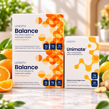 Unicity Combo Pack – 2 Balance Natural Orange + 1 Unimate Lemon Ginger | 90 Stick Packs | Dietary Supplements