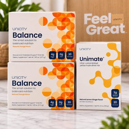 Unicity Combo Pack – 2 Balance Natural Orange + 1 Unimate Lemon Ginger | 90 Stick Packs | Dietary Supplements