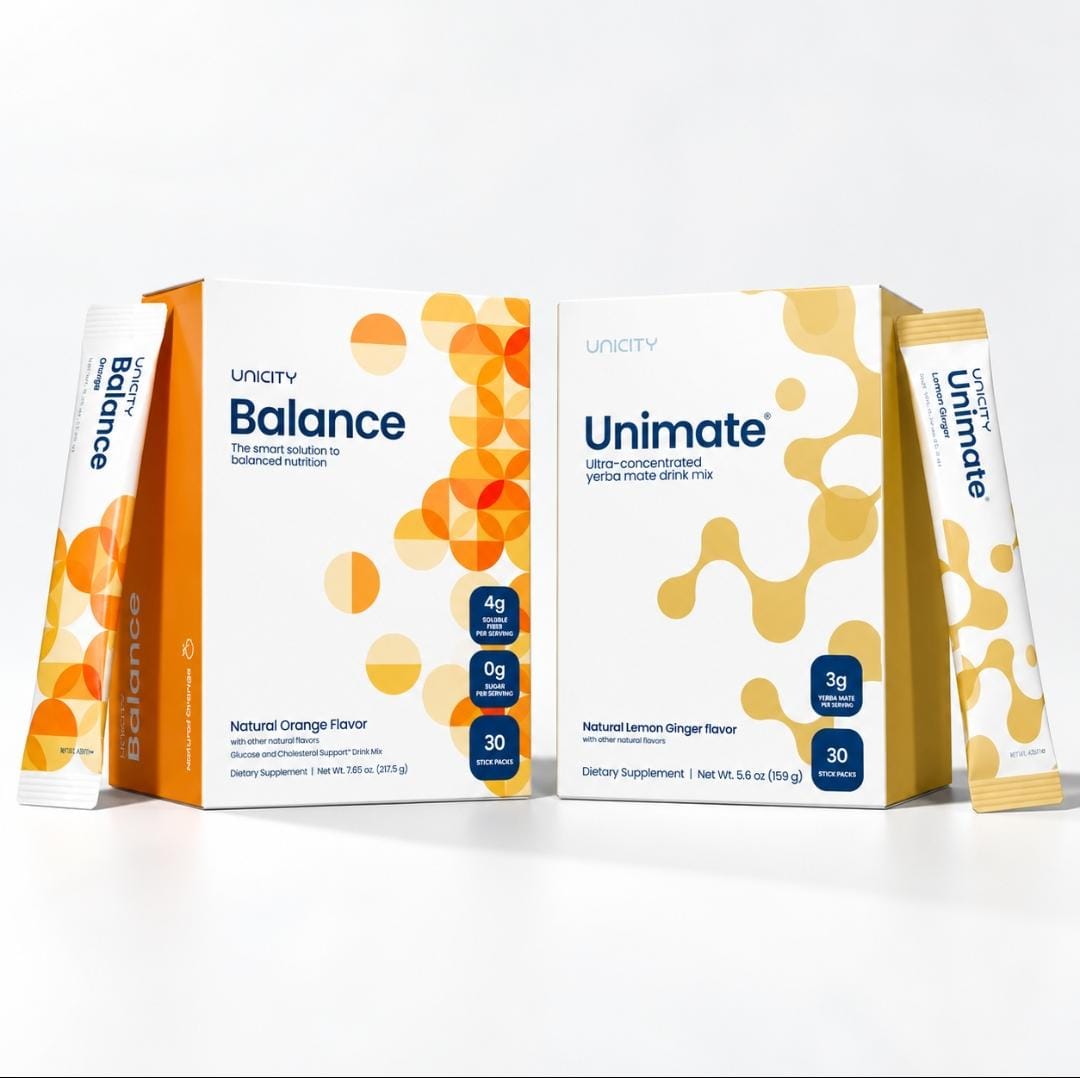 Unicity Balance Natural Orange + Unimate Lemon Ginger Combo Pack | 2 Boxes | 60 Stick Packs | Dietary Supplements